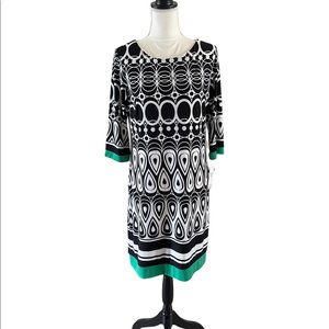 Studio One - Size 12- Black and White Patterned Dress with Green Trim — NWT!!